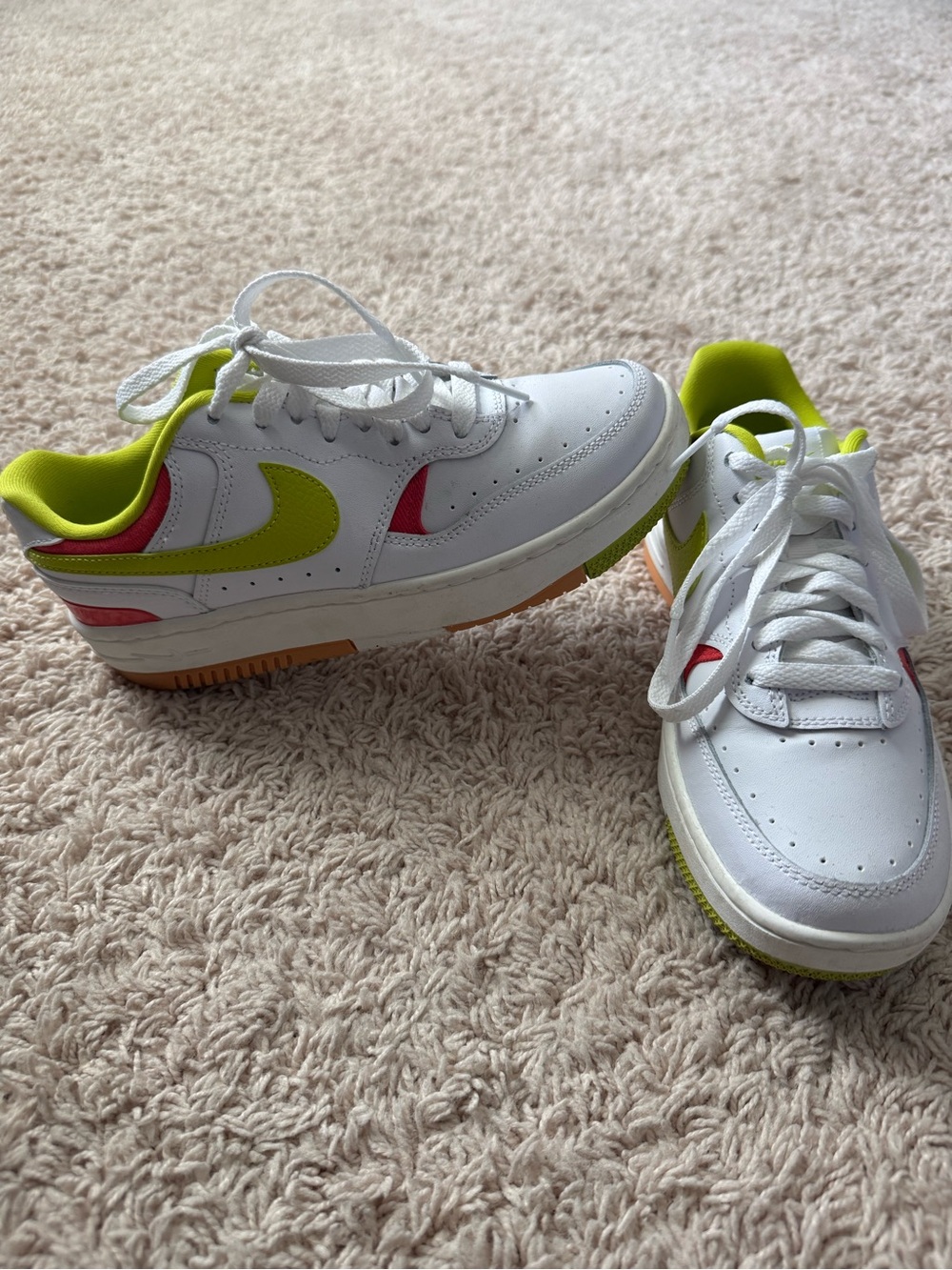 Nike White Sneakers with Lime Green and Hot Pink Accents